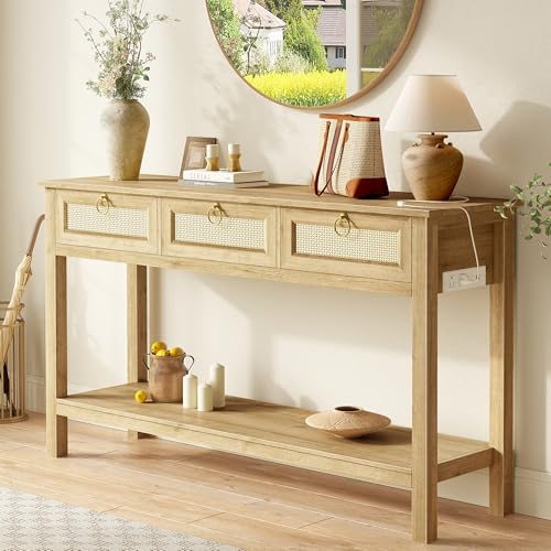 SUPERJARE Rattan Console Sofa Table full view