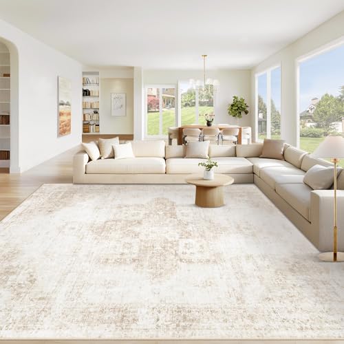 VECARF 8x10 Washable Vintage Boho Medallion Rug beige top view