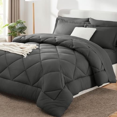 CozyLux 7 piece queen comforter set dark grey