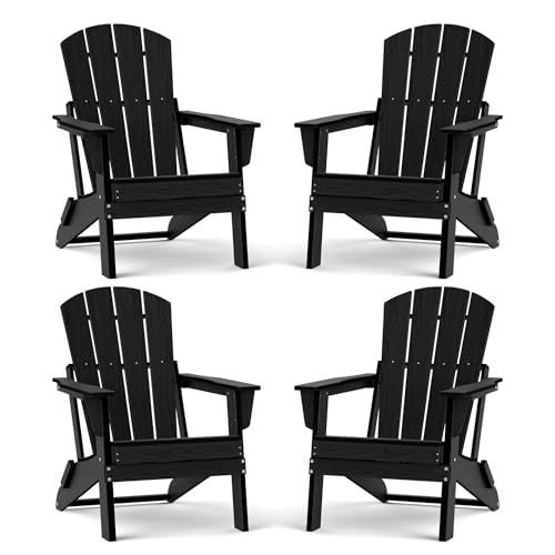 Four EcoVida Outdoors black folding Adirondack chairs on a patio