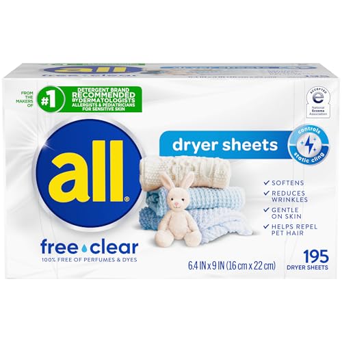all free clear Fabric Softener Dryer Sheets for Sensitive Skin, 195 Count front box