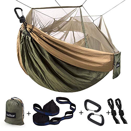 Sunyear Camping Hammock with Mosquito Net set up between two trees