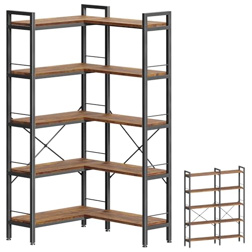 Huuger 5 Tier L-Shaped Bookshelf front view
