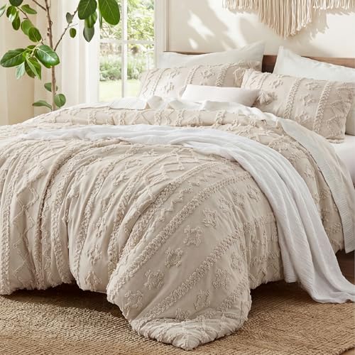 Bedsure Tufted Boho Comforter Set Queen Beige overview