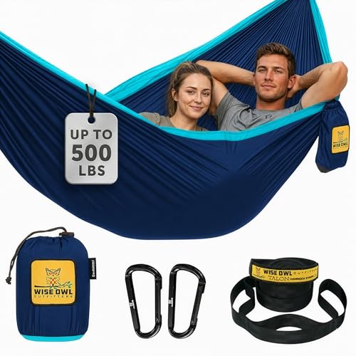 Wise Owl Outfitters double camping hammock in Navy and Light Blue