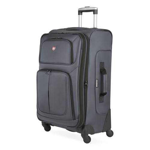SwissGear Sion Softside Expandable Spinner Luggage Dark Grey Checked-Medium front view