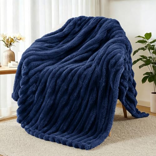 Exclusivo Mezcla Striped Fleece Throw Blanket Navy Blue
