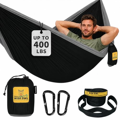 Wise Owl Outfitters Single Camping Hammock in Black & Grey