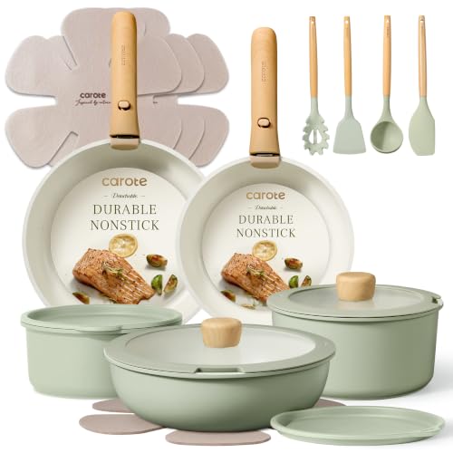 CAROTE 19pcs Pots and Pans Set Non Stick, Detachable Handle Cookware, Green main overview