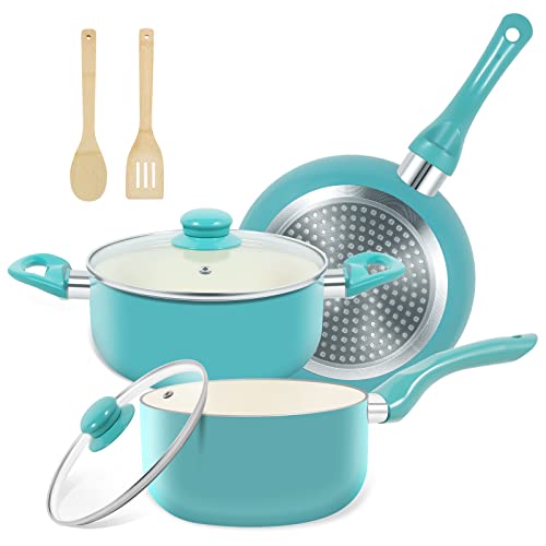 M MELENTA 7-piece turquoise cookware set arrangement