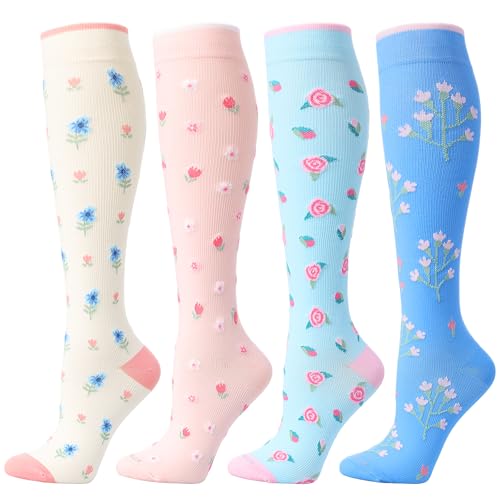 LEVSOX 20-30mmHg Compression Socks 4 Pairs Flower Medium