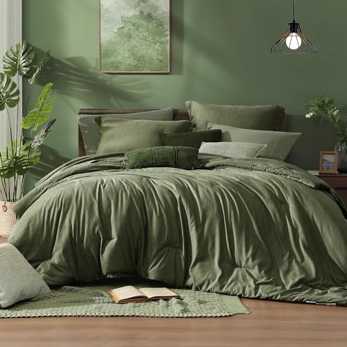 Monbix Oversized Queen Comforter Set Olive Green 7 Pieces Bed in a Bag main view