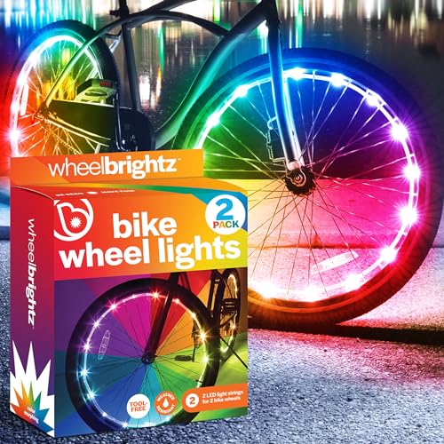 Brightz WheelBrightz RGB LED lights glowing on bike wheels