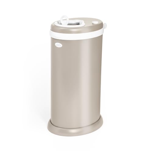 Ubbi Stainless Steel Diaper Pail in Taupe side view